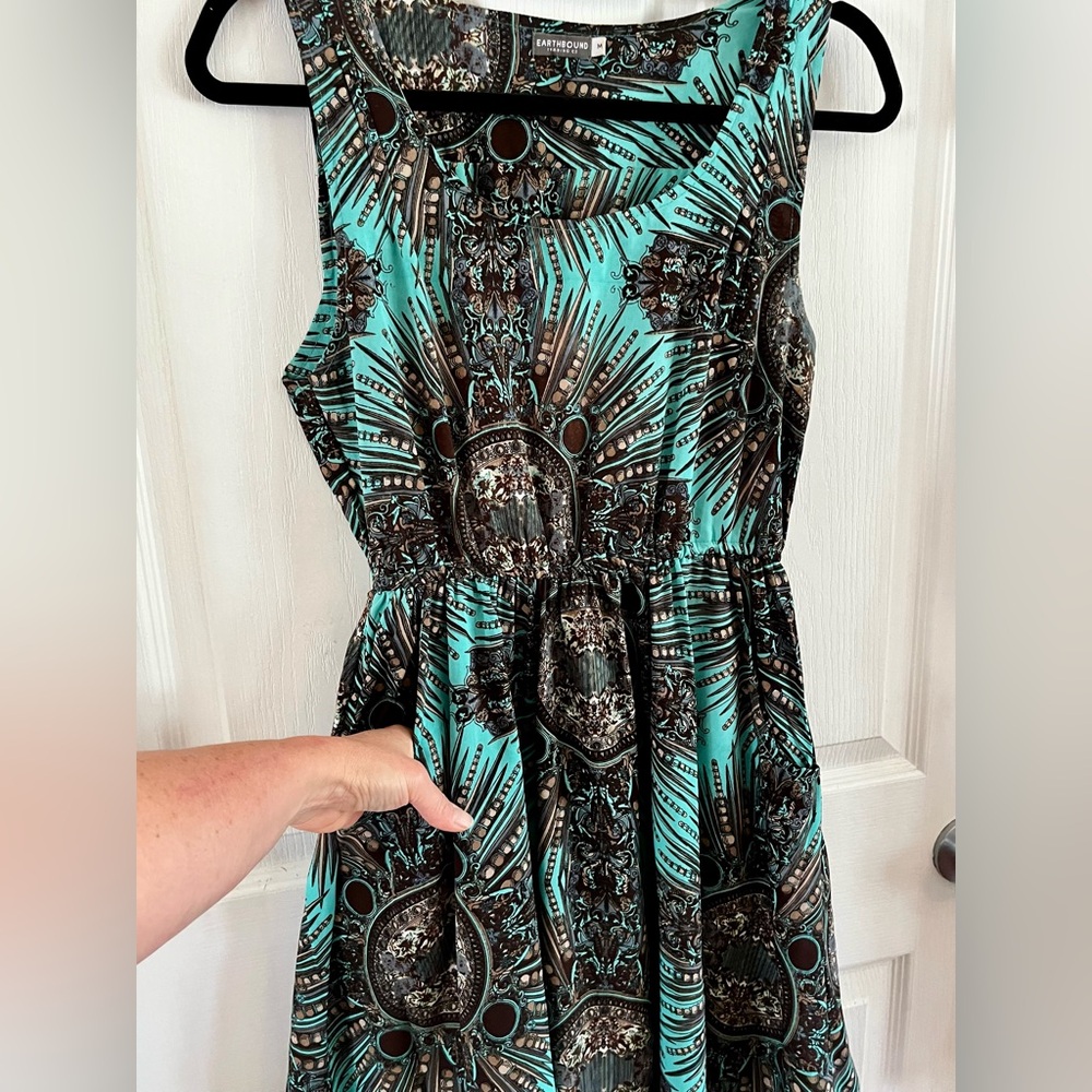 EUC Earthbound Trading Co. Teal & Feather Patterned Mini Dress Pockets Medium - Picture 6 of 14